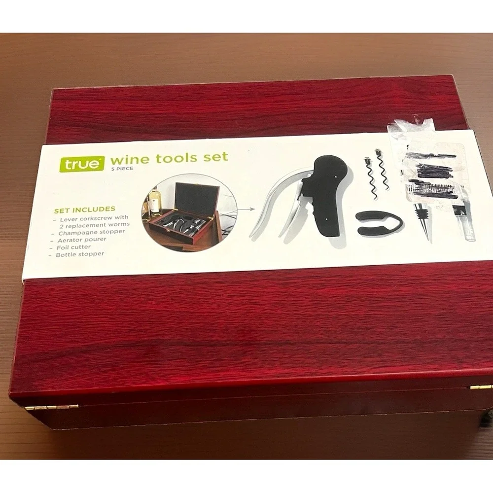 New True 5pc Wine Tools Set w/ Wooden Case Corkscrew Pourer Foil Cutter Stoppers
